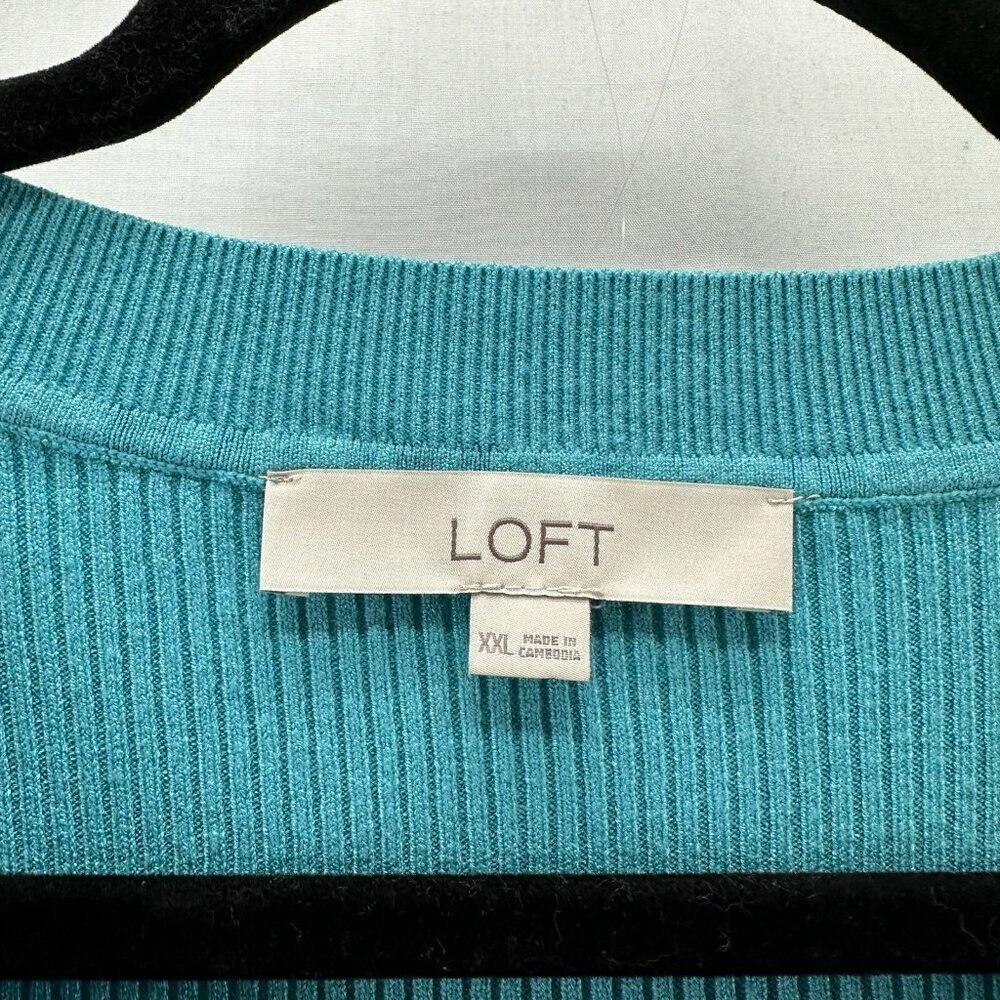 Loft Sweater Women Sz 2XL Pullover Long Sleeve V-Neck Ribbed Stretchy Turquoise - Picture 10 of 11
